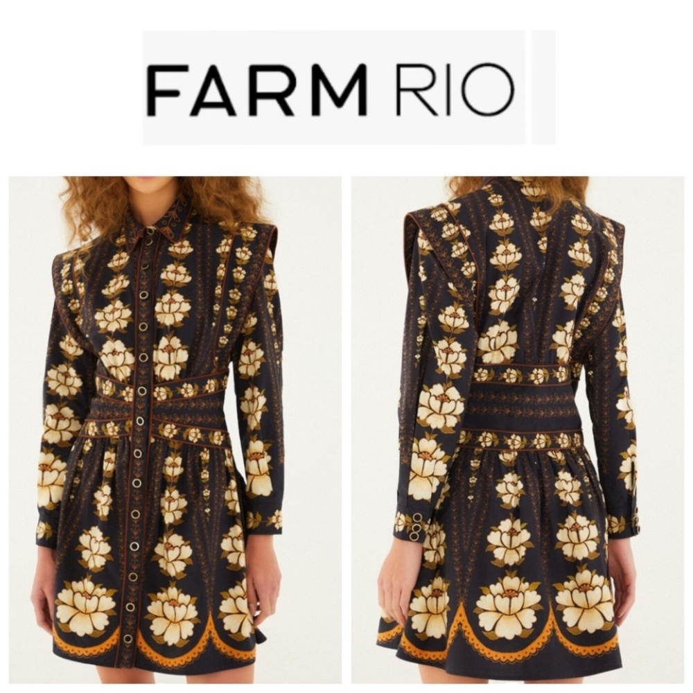 FARM Rio Black & Cream Floral Long-Sleeve Button Dress with Gold Accents. Medium